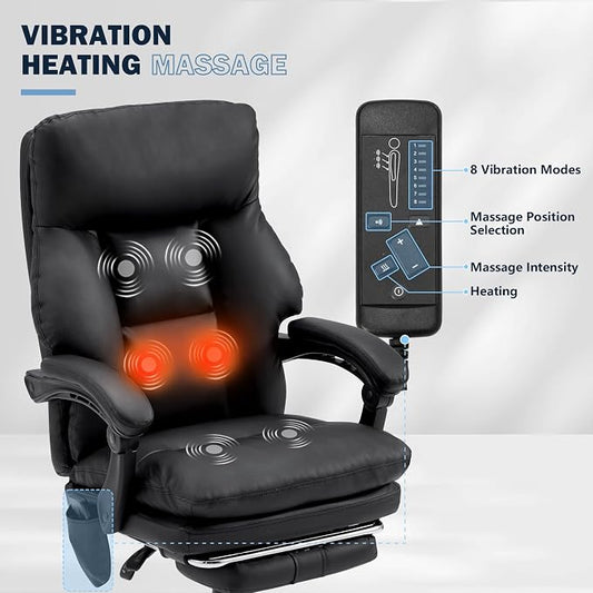 HOMREST Ergonomic Office Chair, PU Leather Black | 6-Point Massage & Heating, Adjustable Executive Desk Chair, Retractable Footrest, Dual-Layer Soft Cushion