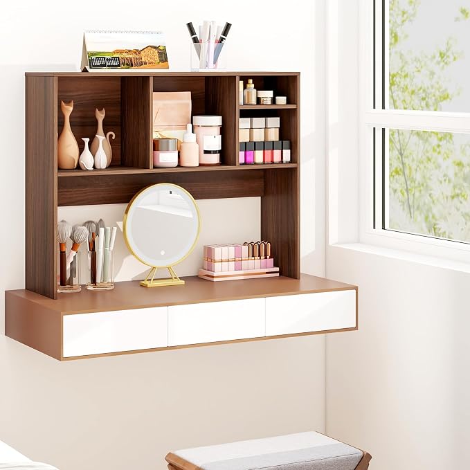 GOFLAME 4 Cubes Desktop Bookshelf, 37” Tabletop Wood Desk Shelf for Computer Monitor, Modern Countertop Desk Display Hutch Storage Organizer Shelf for Home Office, Dorm, Study, Walnut