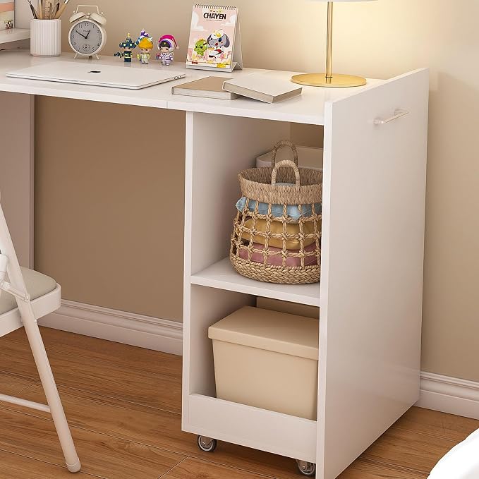 Fold Out Desk with Storage Shelves & Mobile Wheels, Convertible Pull-Out Murphy Desk for Small Spaces | Hidden Writing Computer Desks for Home Office, Apartment & Bedroom(White-)