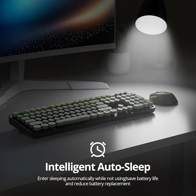 Guffercty kred Dark Green Keyboard and Mouse Wireless, Retro Typewriter Cute Colorful Wireless Keyboard Full-Size 2.4GHz with Round Keycaps for Desktop Laptop and PC(Black Green)