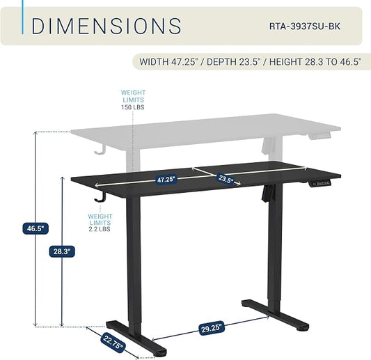 Techni Mobili 48” W Electric Standing Desk, Height Adjustable Sit-to-Stand Desk with 3 Memory Presets and Dual Accessory Hooks, Computer Workstation for Home or Office (Black)