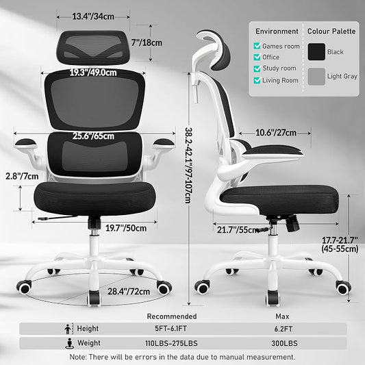 BESTFAIR High Back Ergonomic Office Chair, Breathable Mesh Desk Chair with Lumbar Support, Adjustable Headrest, Flip-up Armrests, Computer Gaming Chair, (White)