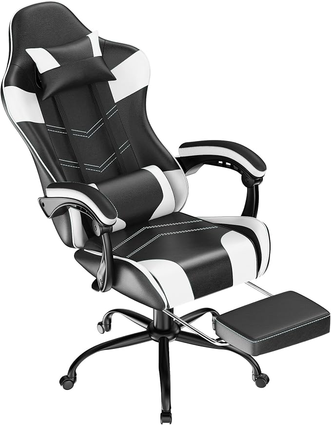 Gaming Chair with Footrest, Ergonomic Video Game Chair with Headrest and Lumbar Support, 400 lbs Adult Chair, Height Adjustable 360° Swivel High Back Reclining Computer Chair for Home Office (White)