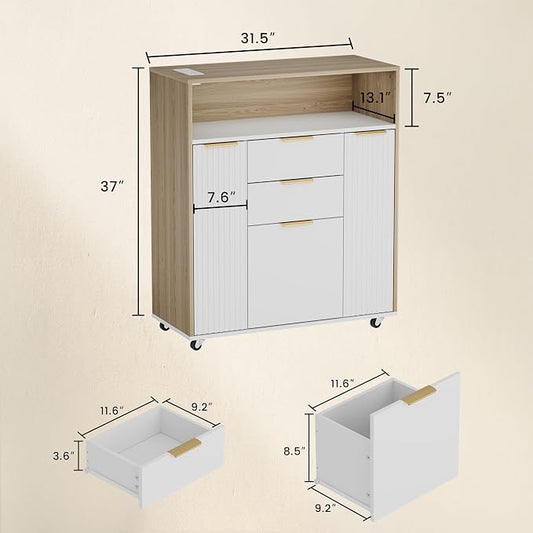 ModernMate Fluted Mobile Office File Cabinet with 3 Drawers, 37" Rolling Storage Cabinet with Charging Station, Small Printer Stand for Home Office, Light Walnut