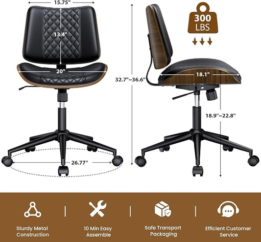 REONEY Home Armless Office Chair with Wheels, Modern Walnut Armless Desk Chair, Adjustable Swivel Rolling Task Chair with Curved Back for Small Space, Reading, Meeting Room, Black