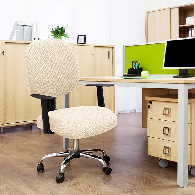 MIFXIN Computer Office Chair Cover Stretch Elastic Slipcover 2 Piece Stretchable Jacquard Computer Chair Seat Covers Furniture Protector for Office Home, Only Covers NO Chair (Beige)