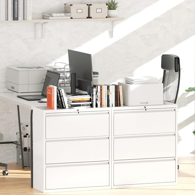 Greenvelly 3 Drawer Filing Cabinet, White Lateral File Cabinet with Lock, Lockable Metal File Cabinet for Home Office, Office File Cabinets for Legal/Letter/A4/F4 Size