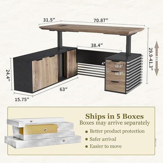 SAINTCY 70.87In L Shaped Executive Standing Desk with Drawers, Large Modern Adjustable Heigh Home Office Desk w/File Cabinet, AC/USB, Business Workstation, Black and Warm Oak