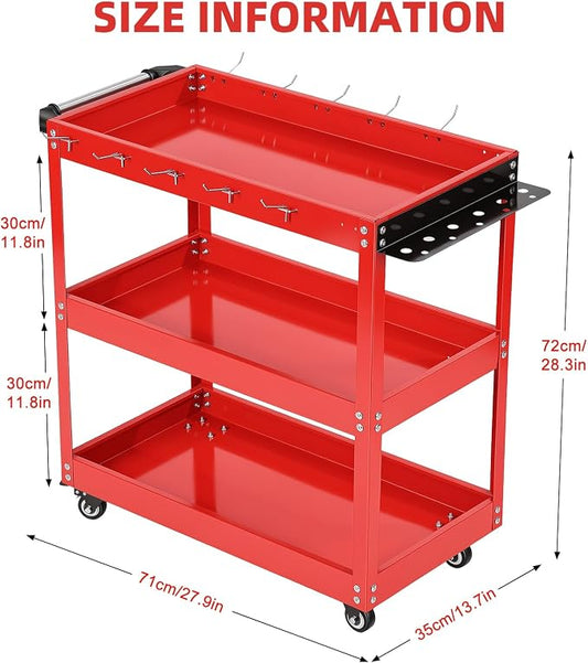 3-Tier Rolling Tool Cart, Heavy Duty Metal Utility Cart with Side Hooks and Handle, 330lbs Capacity Service Organizer for Garage Warehouse Workshop, 28x14x28 Inches, Red