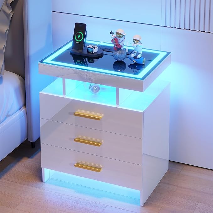 HNEBC Night Stand Set 2 with LED Lights, High Gloss Nightstand with 3 Drawers,Wireless&USB&Type-C Charging Station,Smart Side Tables with Tempered Glass Top for Bedroom,Living Room,Office-White