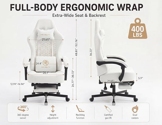 Office Desk Computer Gaming Chair for Adults, Ergonomic High Back Gamer Chair with Massage and Pocket Spring Cushion, Swivel Comfy Video Game Chairs with Footrest and Lumbar Supporrt (Pro White)