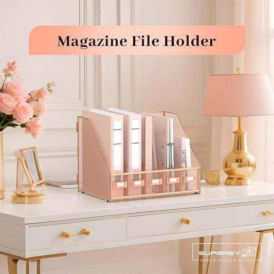 SUPEASY Desk Organizers Metal Desk Magazine File Holder with 5 Vertical Compartments Rack File Organizer for Office Desktop, Home Workspace, Rose Gold, Plus