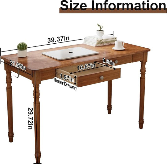 Mid Century Modern Desk, 39" Vintage Solid Wood Desk with 2 Drawers, Boho Writing Desk Computer Table for Home, Office, Bedroom, Living Room