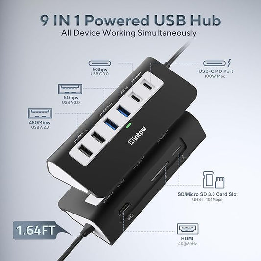 P9 USB C Hub, INTPW 9-in-1 USB Multiport Adapter with 4K HDMI, PD 100W, USB-C and 2 USB A 3.0 5Gbps, 2 USB A 2.0, SD/TF Card Reader, Aluminum Powered USB Hub for PC, iPhone 16/15 Series, MacBook, iPad