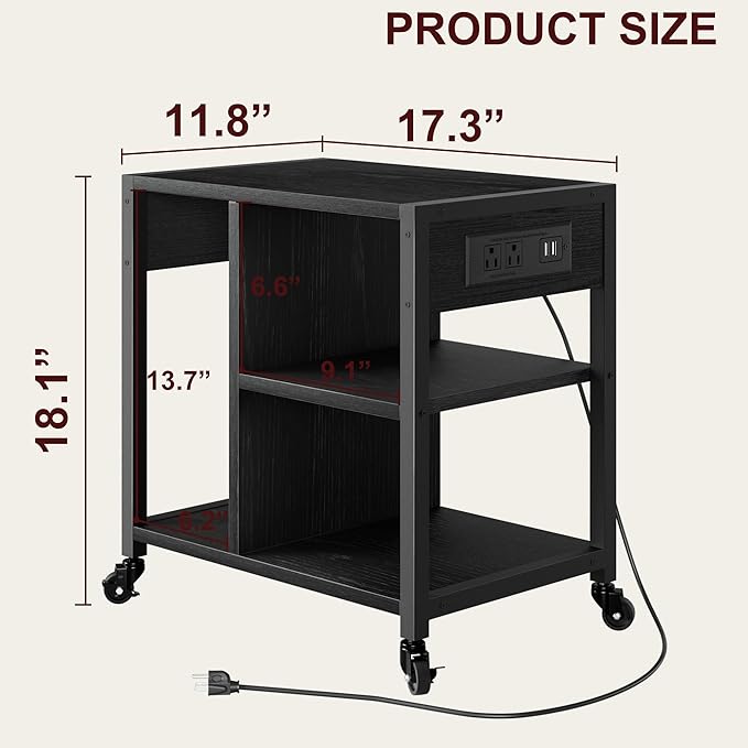 GAOMON Under Desk Printer Stand with Charging Station, Industrial Printer Table with 3 Storage Shelves, Mobile Heavy Duty Printer Cart with Lockable Wheels for Paper Storage, Home Office,Retro Black