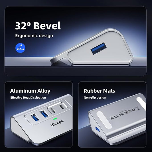 Intpw USB 3.2 Hub,Aluminum 4 Port USB Splitter 10Gbps with 2 USB C/USB A 3.2 Data Ports, 3.3ft Cable, USB HUB for PC/Laptop/Xbox/FlashDrive/Printer/Camera/Keyborad/Mouse