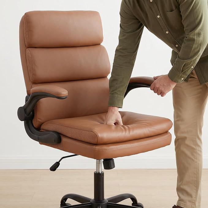 Mid Back Office Desk Chair,Leather Conference Room Chairs,Ergonomic Home Computer Chair,Modern Executive Chair with Padded Flip-up Armrest and Swivel Wheels (Brown)