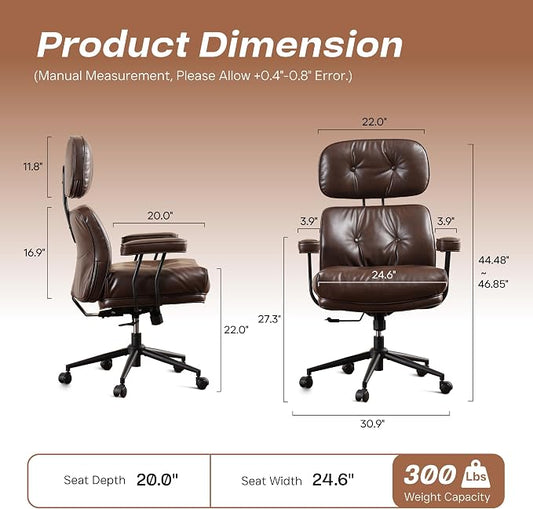 CAODOC Big and Tall Office Chair, 300LBS PU Leather Executive Office Chair Whit Lumbar Support, Managerial Home Desk Chair, Heavy Duty High Back Computer Chair(PU Leather Coffee)