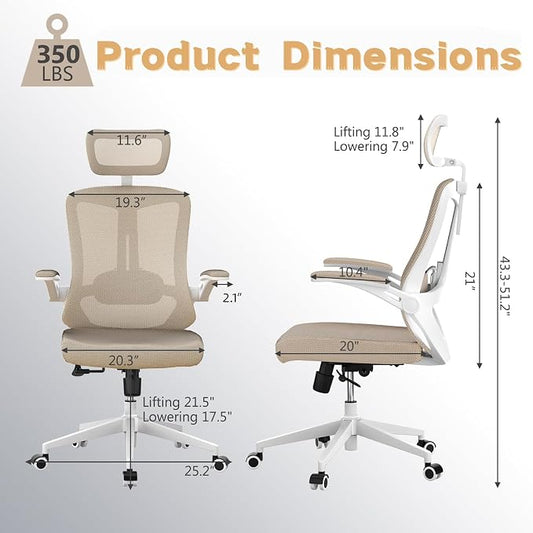 Ergonomic Office Chair - 350LB Comfy Desk Chairs with Adjustable Headrest and Lumbar Back Support, Mesh Computer Chairs with Wheels and Arms for Home Office, Study (Khaki-with Headrest)
