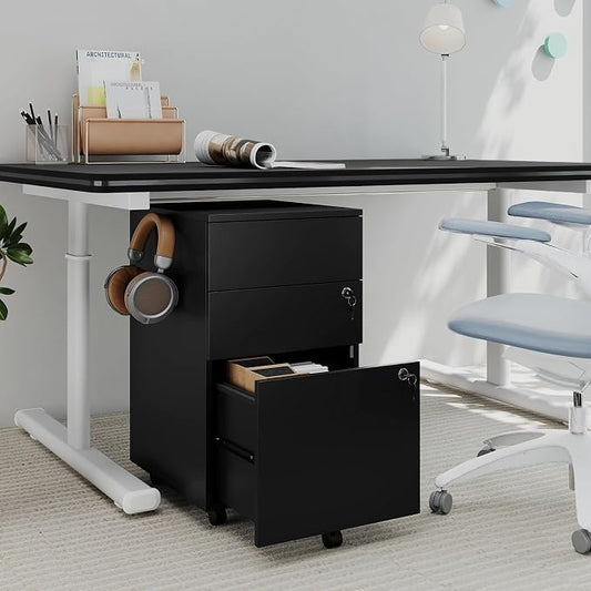 LOKO Mobile File Cabinet with 3 Drawers, Wooden Rolling Filing Cabinet with Lock, Under Desk File Organizer for A4/Letter/Legal Size, for Home Office, Study (Black)