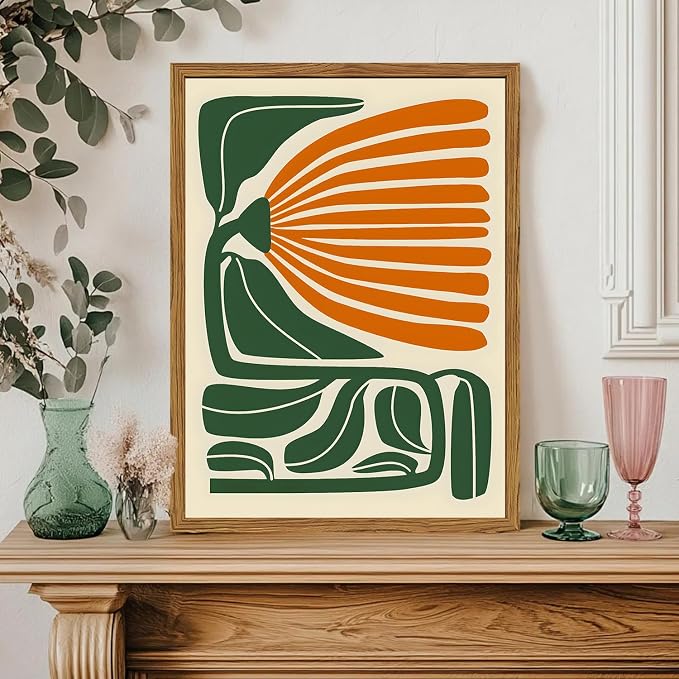 Framed Boho Floral Wall Art, Mid Century Modern Flower Canvas Wall Decor Pictures, Green and Orange Abstract Botanical Paintings Poster Prints Eclectic Home Decor for Living Room Bedroom 12x16 inch