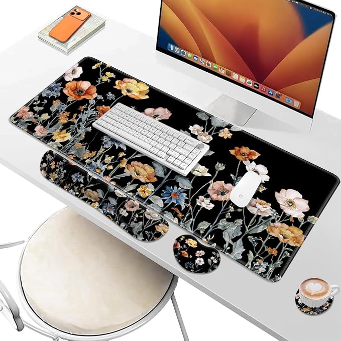 Desk Pad and Keyboard Wrist Rest, Large Mouse Pad + Keyboard Pad+Mouse Wrist Support, Non-Slip Desk Mat Protector for Office, Home 31.5×11.8 Inches Fall Floral