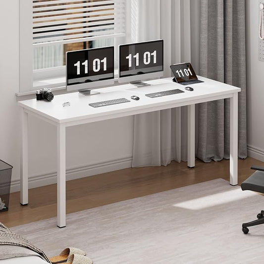 Need 63 Inch Large Computer Desk - Modern Simple Style Home Office Gaming Desk, Basic Writing Table for Study Student, Large Legroom, White Metal Frame, White