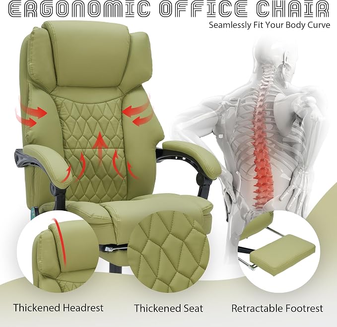 Massage Office Chair with Foot Rest 6 Points Vibration and Heat Home Office Desk Chairs for Heavy People 400lbs Reclining Managerial Chairs Ergonomic Executive Chair (Green)
