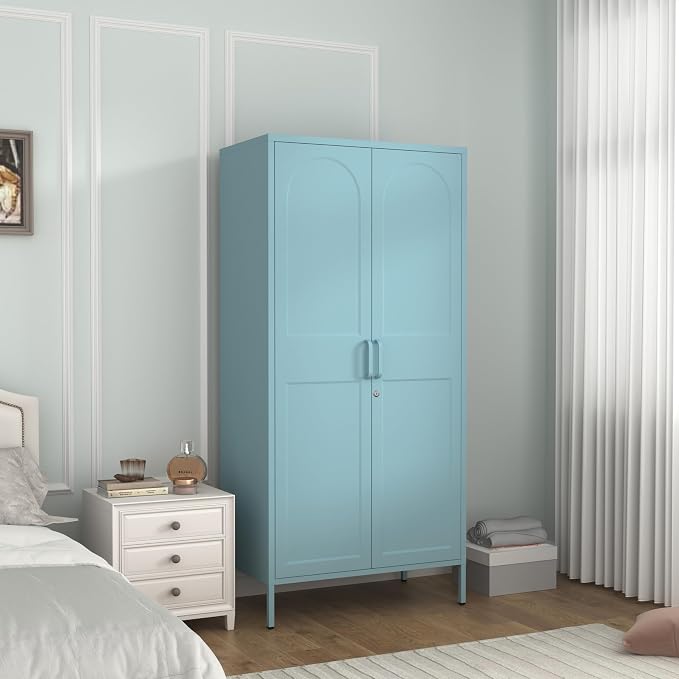 67" Metal Wardrobe Cabinet with Lock,Multi-Functional Locker with Adjustable Shelves and Hanging Rod,2 Door Storage Cabinet for Home, Bedroom,Cloak Room, Office Blue