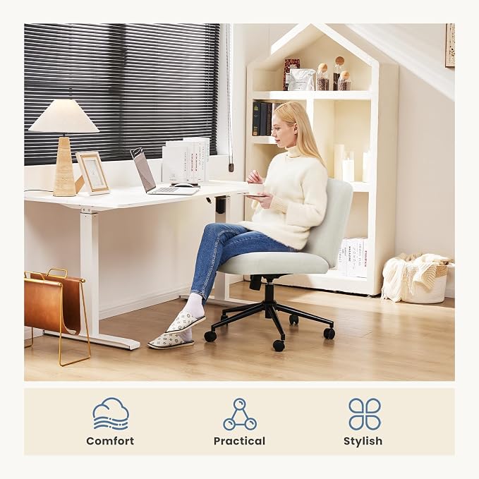 DUMOS Criss Cross Chair with Wheels, Wide Cross Legged Office Desk Vanity Chairs, Armless Height Adjustable Swivel Chairs for Home Computer Task, Fabric, Beige Wheel