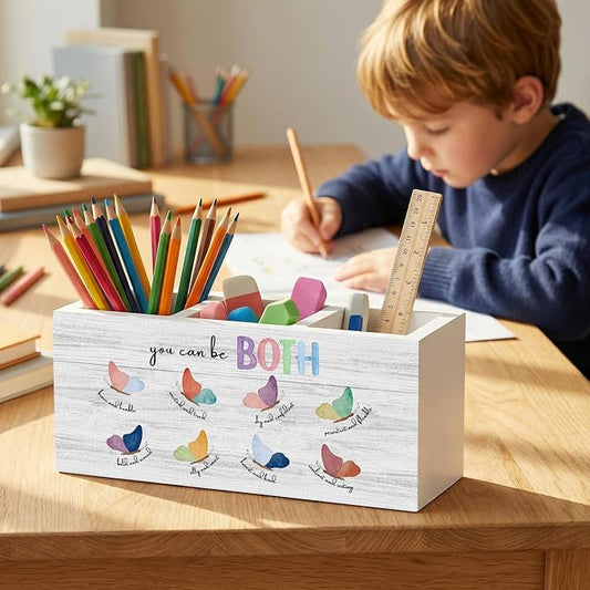 Mental Health Office Therapy Pencil Pen Holder for Desk Organizer, Boho Therapy Office Decor, Motivational You Can Be Both Wooden Box Decorations for Home Classroom Desk Tabletop Decor