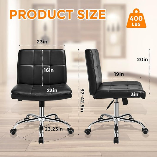 Black Office Chair with Wheels - 360° Swivel Armless Back Support,Comfortable Pu Adjustable Rolling Desk Chairs for Office,Home,Vanity,Bedroom,Big Space (Widened Black)