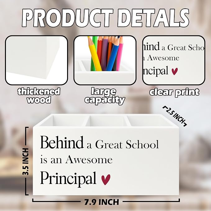 Principal Gifts Pen Pencil Holder Organizer for Desk, Gifts for Principals Women Men, Behind a Great School Is an Awesome Principal Wooden Box Sign for Office Workplace Desk Tabletop Decorations