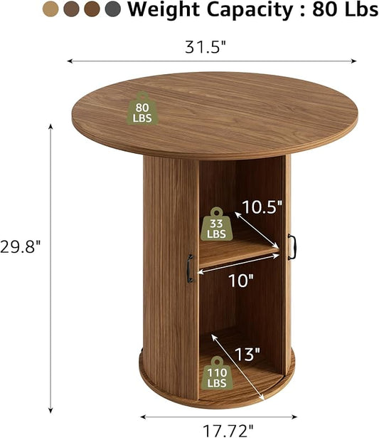 31.5 inch Round Dining Table for 2, Small Dinner Table with 2-Layer Storage Shelf, Morden Circle Kitchen Table with Strip Base and Wood Slide Door for Home Dining Room, Living Room, Chestnut