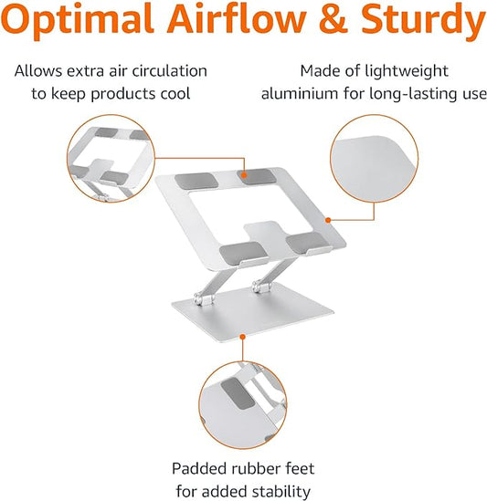 Amazon Basics Sturdy and Portable Ergonomic Laptop Stand for Desk,Height Adjustable Riser with Ventilated Cooling,Foldable,Fits All Laptops up to 17.3 Inch,Silver,10 x 8.7 x 6 in,(Pack of 12)