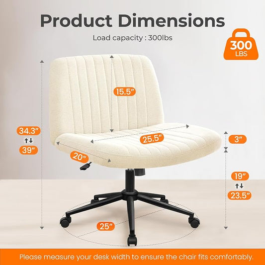 NEO CHAIR Criss Cross Chair with Wheels Armless Cross Legged Office Desk Wide Comfy Vanity Makeup Chair Adjustable Swivel Rolling Computer for Home Office Fabric (Beige)