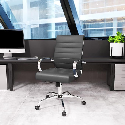 LeisureMod Benmar Leather Office Desk Chair, Mid-Back Ergonomic Swivel Chair with Lumbar Support, Adjustable Height, Tilt Lock, Cushioned Seat & Back, Home Office Task Chair (Grey, Single)