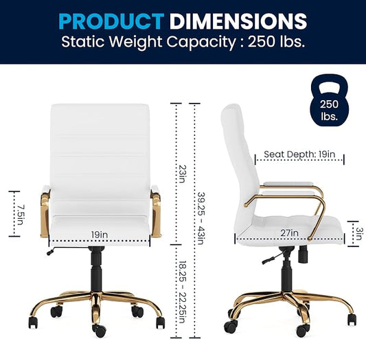 EMMA + OLIVER Faux Leather High-Back Swivel Home Office Desk Chair with Wheels, Padded Seat, and Armrests, Adjustable Height Multipurpose Office Chair, White/Gold