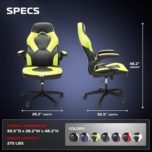 RESPAWN 3085 Ergonomic Gaming Chair for Adults, High Back Office Chair with Headrest and Flip Up Arms, Leather Racing Style Gaming Seat with Lumbar Support, Video Game Computer Desk Seat - Green