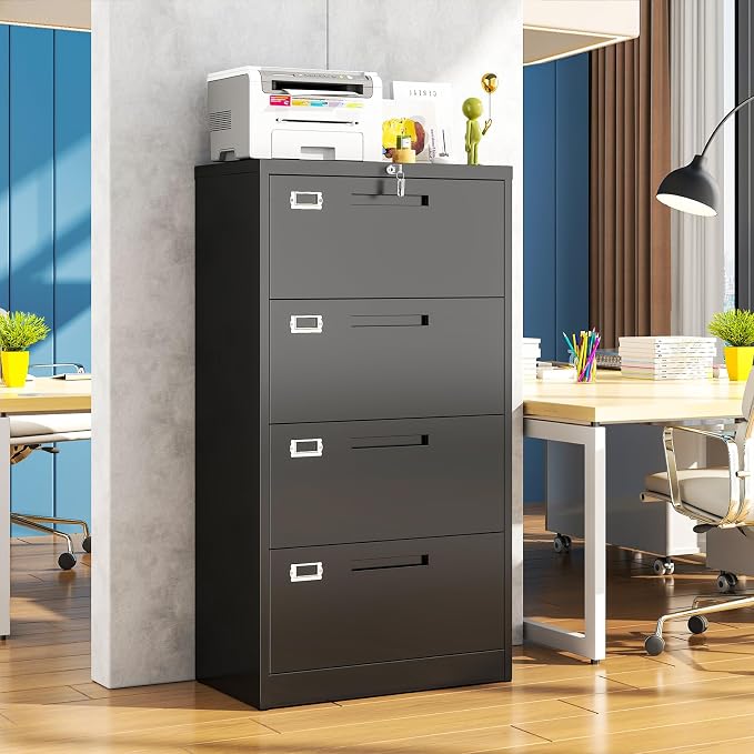 Metal Lateral 4 Drawer File Cabinet with Lock, Wide Filing Cabinet for Home Office Organization Hanging Files Letter/Legal/F4/A4 Size (Black, Assembly Required)