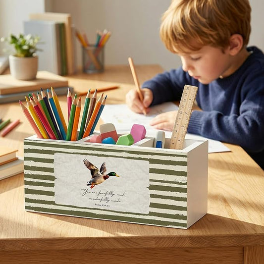 Mallard Duck Christian Pencil Pen Holder for Desk Organizer, Vintage Green Nursery Duck Cottagecore Wooden Box Decorations for Home Office Classroom Desk Tabletop Nursery Toddler Decor