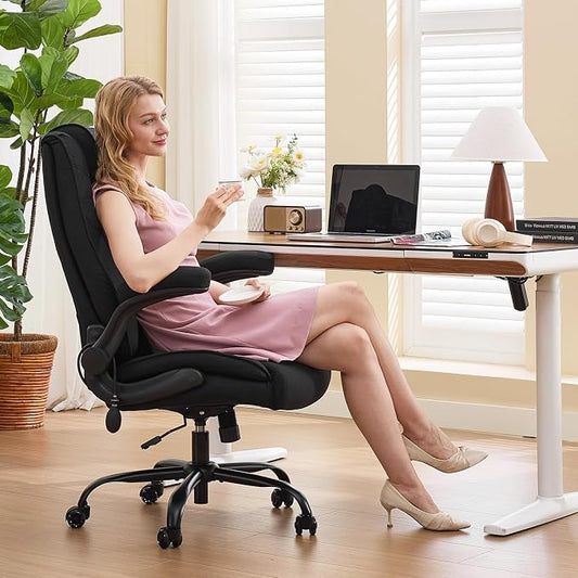 CIOMAN 500lbs Big and Tall Office Chair with Inflatable Lumbar Support for Back Pain, Executive Office Chair with Flip Up Arms and Rocking Function, Wide Cushion Computer Chair for All-Day Sitting