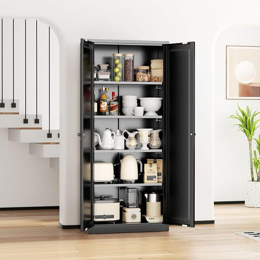 INTERGRAET Kitchen Pantry Cabinet, 63" Tall Metal Pantry Storage Cabinets with 2 Doors and 4 Shelves, Metal Storage Cabinet,Cupboard for Home,Kitchen,Living Room/Dining, Black