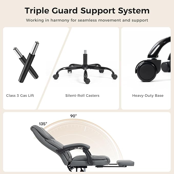 Office Chair with Footrest, Executive Breathable Leather Office Desk Chair with Lumbar Support - Ergonomic Comfy Wide Reclining Swivel Rolling Gaming Computer Chair with Adjustable 90-135° High Back