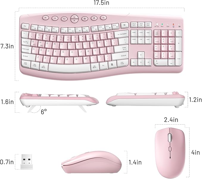 Wireless Keyboard and Mouse Combo,2.4G Full Size Ergonomic Curved Silent Keyboard with Fn Multimedia Keys for Office and Home, 3-DPI Quiet Mouse for Windows,Mac OS Desktop/Laptop/PC (Light Pink-A)