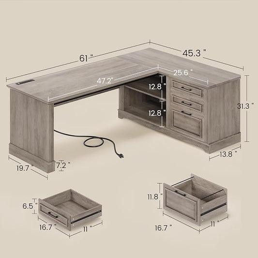 SEDETA Executive Desk, 61" Farmhouse L Shaped Desk with File Drawers, Office Desk with Drawers and Power Outlets, Computer Desk with Storage Shelves for Home Office, Grey