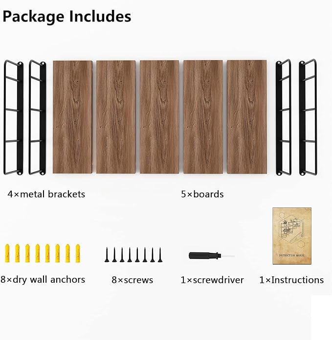 MXCSE Wall Shelves, Wall Mounted Bookshelves, DIY Floating Shelves for Wall, Wood Hanging Book Shelves for Room, Bedroom, Living Room, Easy Installation, 5 Shelves (Brown, 50W x 17H)