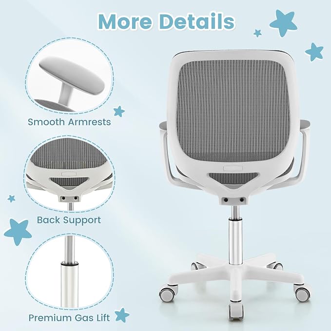 Costzon Kids Desk Chair, Height Adjustable Children Study Computer Chair with Armrests, Sit-Brake Casters, Swivel Mesh Task Chair for Boys Girls Teens Students, Kids Chair for Home, Office (Gray)