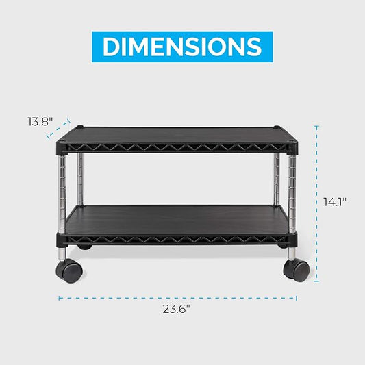 Under Desk Printer Stand with Storage 24" X 14", Printer Cart, Small Printer Stand with Wheels, Small Printer Table for Home Office, Heavy Duty Low Rolling Cart, (Regular, Black)
