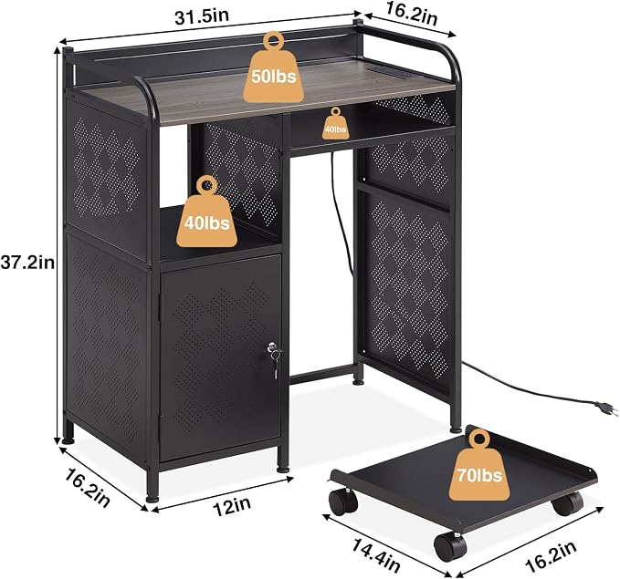 Lauren&Harold Large Printer Stand with Storage, Printer Cabinet with Paper Shredder Stand & PC Tower Stand with Wheels, Printer Table with Socket and USB Charging Port for Home Office